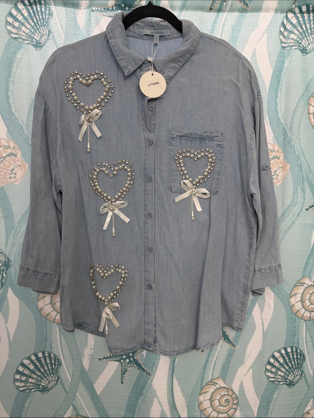 Pastels Light Blue Pearl Heart Button-Up Shirt